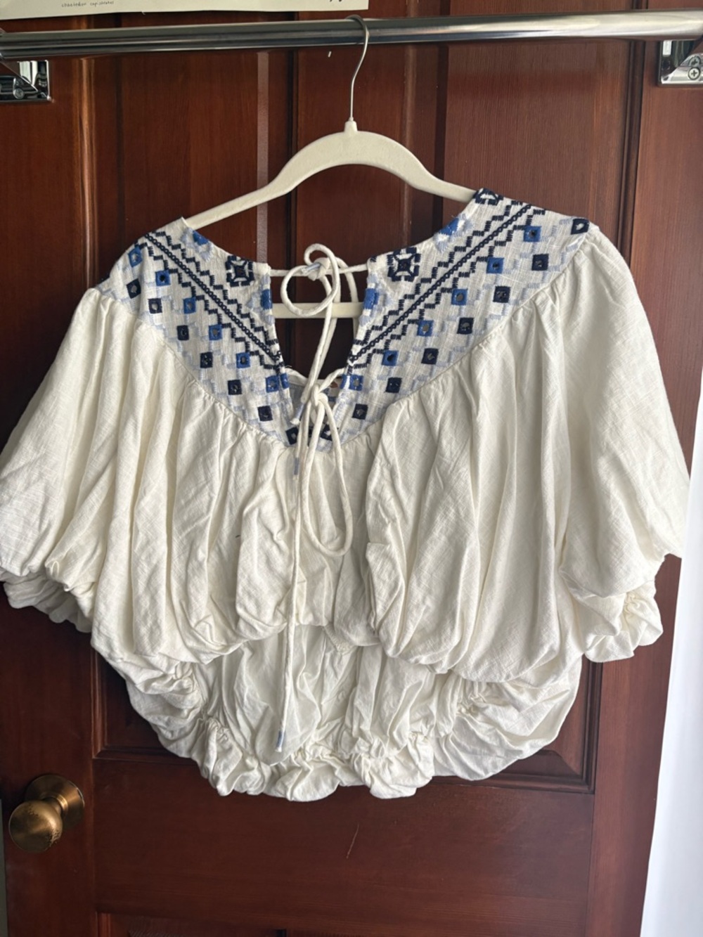 We The Free White Cropped Peasant Top with Blue Embroidery